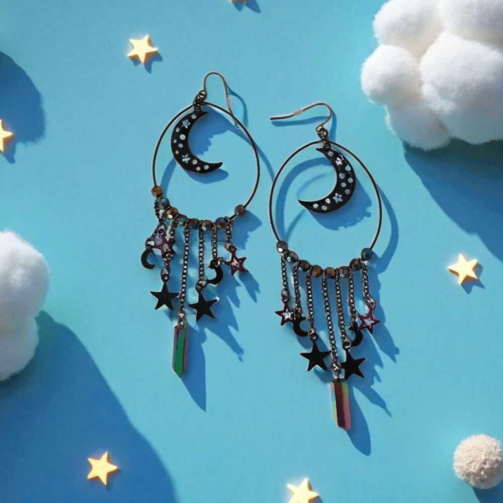 Hot Topic Black Celestial Moon Long Chandelier Dangle Earrings